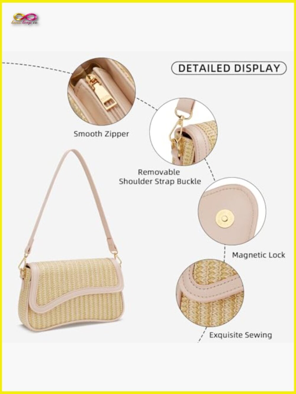 Straw Hobo Shoulder Bag with Chain Crossbody Purse Trendy Woven Clutch - Picture 4 of 7